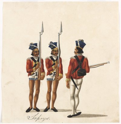 Sepoys og en indisk officer, Bengal Army, ca. 1815 (akvarel på papir) af Indian School