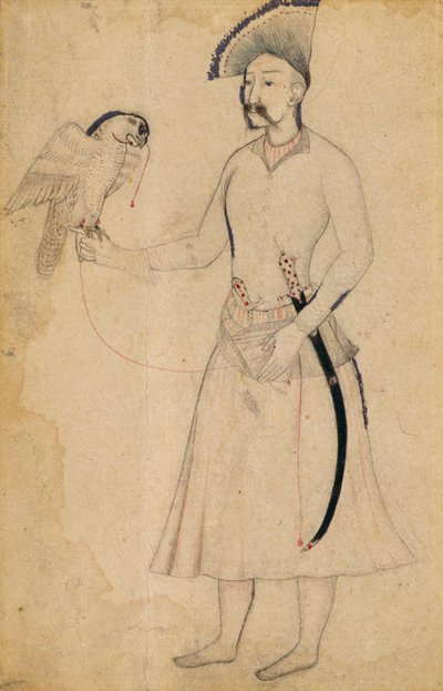 Shah Abbas I af Persien (1588-1629) holder en falk, efter en original fra det tidlige 17. århundrede, Mughal, tidligt i det 19. århundrede (penseltegning på papir) af Indian School
