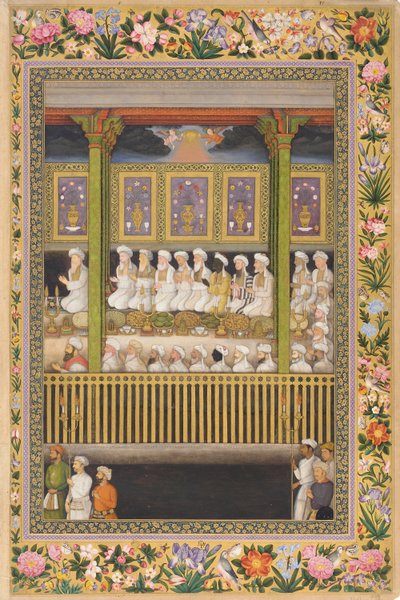 Shah Jahan ærer den religiøse ortodoksi, side fra St. Petersburg Album, ca. 1635 (ugennemsigtig akvarel og guld på papir) af Indian School