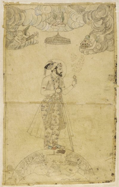 Shah Jahan stående på en globus (guld og farve på papir) af Indian School