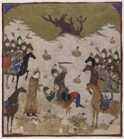 Shahru identificerer Burzu som Rustams barnebarn under den sidste kamp mellem Rustam og Burzu, ca. 1425-50 (ugennemsigtig akvarel og guld på papir af Indian School