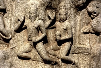 Shiva skænker en gave, detalje fra udhugningen, der viser Arjunas bod fra Mahabharata, Pallava (sten) af Indian School