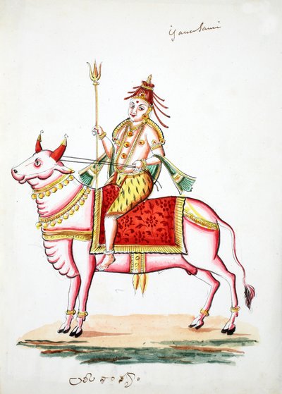 Shiva monteret på tyren, Nandi (wc på papir) af Indian School