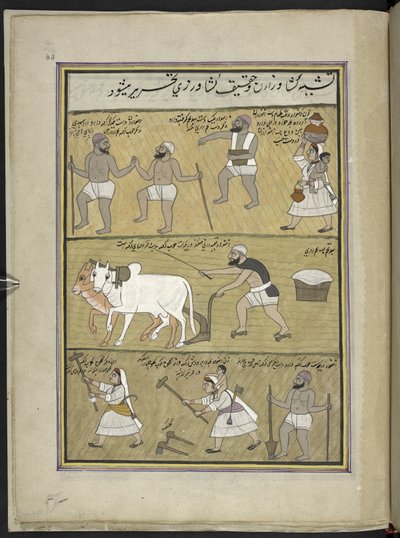 Såning af uafskallet; pløjning; knækker klumper,  86 tegninger indbundet i et bind, der viser håndværk og erhverv i Kashmir, håndværkere vises i arbejde med deres redskaber og udstyr,  Af en Kashmir-kunstner, sandsynligvis i Srinagar, ca. 1850-60 (gouache  af Indian School