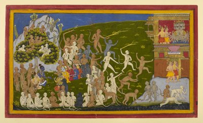 Spionerne Śuka og Sāraṇa fanges og rapporterer til Rāvaṇa; aber chikanerer Laṅkā af Indian School