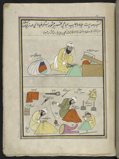 Skræddere,  86 tegninger indbundet i et bind, der viser håndværk og erhverv i Kashmir, håndværkere vises i arbejde med deres redskaber og udstyr,  Af en Kashmir-kunstner, sandsynligvis i Srinagar, ca. 1850-60 (gouache på papir) af Indian School