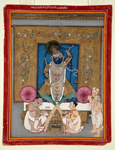 Tilbedelsen af Krishna som Shrinath ji, 1800-25 (ugennemsigtigt wc & guld på papir) af Indian School