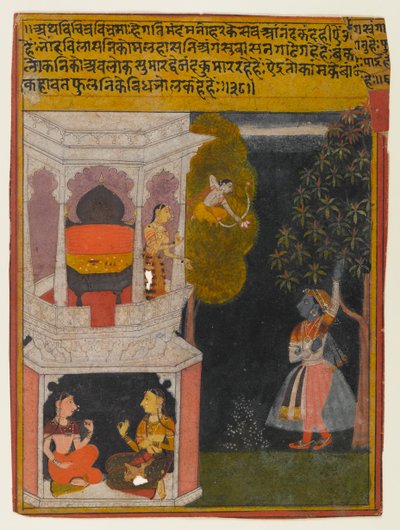 The Bewildered Nayika, side fra en Rasikapriya-serie, ca. 1660-1690 (ugennemsigtigt wc & guld på papir) af Indian School
