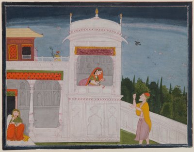 Brahminen Sudama og Rukmini i et palads, side fra Sudama-episoden af Bhagavata Purana-serien, ca. 1800 eller senere (wc på papir) af Indian School
