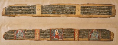 Buddha distribuerer honning fra et Prajnaparamita-manuskript, Vestbengalen (ugennemsigtig akvarel og blæk på palmeblad) af Indian School