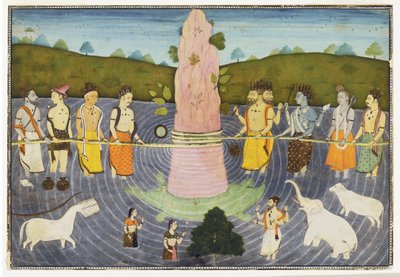 The Churning of the Ocean of Milk, ca. 1700 (ugennemsigtigt wc og guld) af Indian School