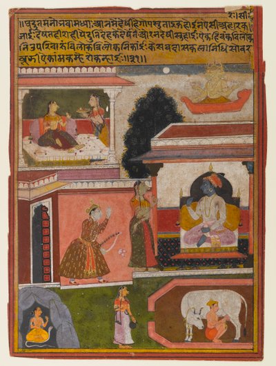 Heltinden hvis begær er tilsyneladende, side fra en Rasikapriya-serie, ca. 1660-1690 (ugennemsigtigt wc og guld på papir) af Indian School