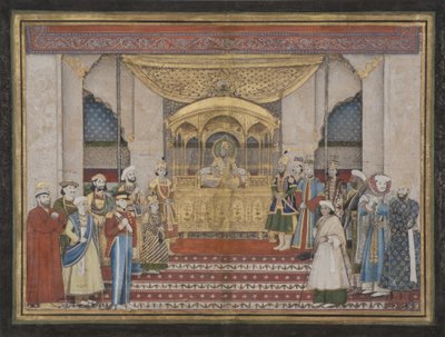 Mughal-kejseren Bahadur Shah II i Darbar, 1839 (ugennemsigtigt wc & guld på papir) af Indian School