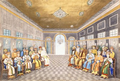 Nawaberne og kongerne af Oudh i et palads interiør med deres tjenere til stede, ca. 1800 af Indian School