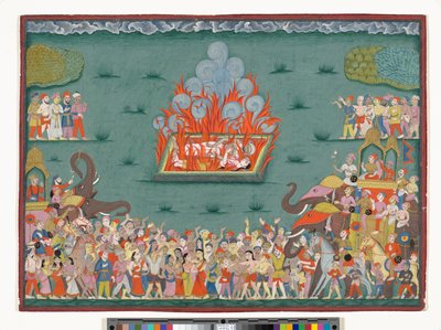 The Sati of Ramabai, hustru til Madhavrao Peshwa, ca. 1772-75 (akvarel og guld på papir) af Indian School