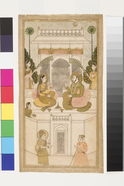 Sultanen af Golconda, Quli Qutb Shah, siddende med sin kone, 1700-25 (ugennemsigtigt wc og guld på papir) af Indian School