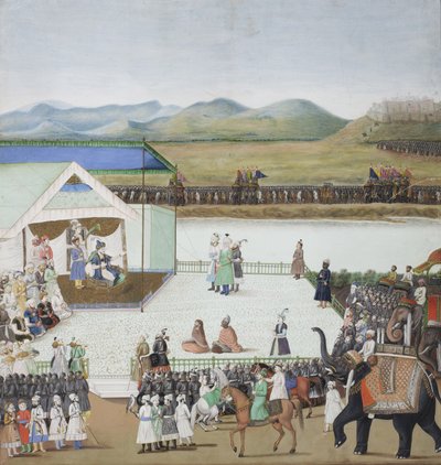 Den tyrkiske sultan Bayazid bragt til fange før Timur, ca. 1850 (ugennemsigtigt wc & guld på papir) af Indian School
