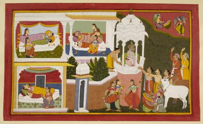 Fødslen af kong Dasarathas fire sønner. Rama, Bharata, Lakshmana og Satrughna. af Indian School