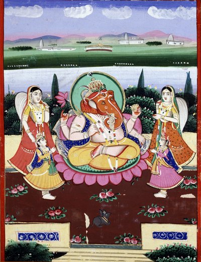 Guddommen Ganesha (Ganesh eller Ganapati), datter af Shiva og Parvati. Indisk populærtryk fra det 19. århundrede. af Indian School