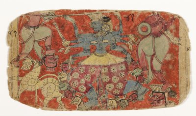 Gudinden Kali kæmper mod dæmoner, fra Durga angriber dæmonerne Shambha og Nishumbha (ugennemsigtigt wc på papir) af Indian School