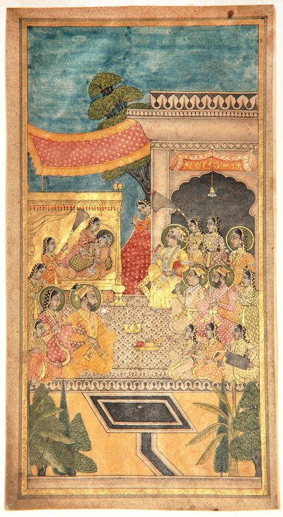 Tana Shahs ægteskab i Jalwa-ceremonien, 1679 (ugennemsigtigt wc og guld på papir) af Indian School