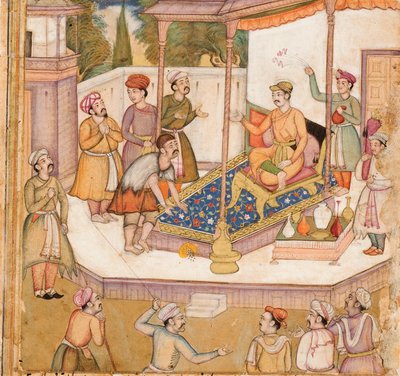 Rajaen, hvis gæst bad ham om 500 dinarer dagligt, ca. 1585 (ugennemsigtigt wc & guld på papir) af Indian School