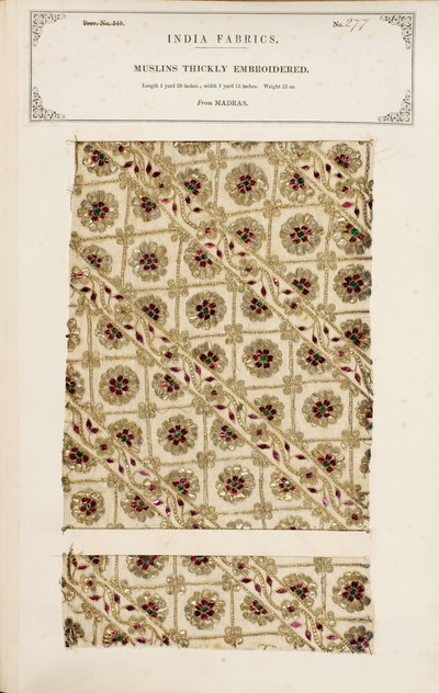 Tykt broderet muslinprøve fra Madras, fra The Collection of the Textile Manufacturers of India, af John Forbes Watson, udgivet i 1866 af Indian School