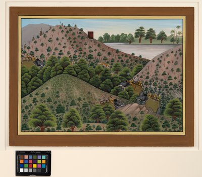 Tigerjagt med en flod i baggrunden, ca. 1880 (ugennemsigtig akvarel på papir) af Indian School