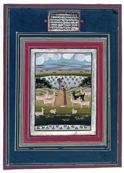 Todi ragini - En dame, der spiller en vina i et landskab med dyr, 1810-20 af Indian School
