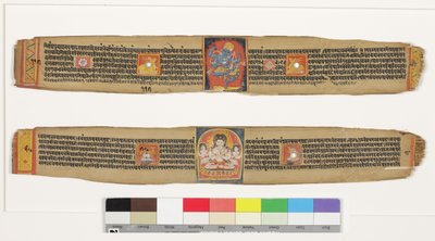 Øverst: Dansende barbermaskine; Nederst: Bodhisattva Sadakshi Awolokiteshwara og Attendants, CII- (OPQW & Inc on Palm Leaf) af Indian School