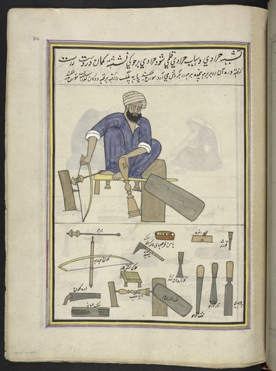 Turner,  86 tegninger indbundet i et bind, der viser håndværk og erhverv i Kashmir, håndværkere vises i arbejde med deres redskaber og udstyr,  Af en Kashmir-kunstner, sandsynligvis i Srinagar, ca. 1850-60 (gouache på papir) af Indian School
