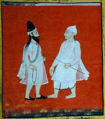 Two Wandering Muslim Faqirs (jangam) Religious Mendicants, Udaipur, ca. 1810-20 (gouache på papir) (detaljer) (se også 136600) af Indian School