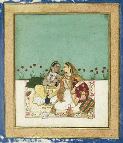 To kvinder på en terrasse, efter 1700 (ugennemsigtigt wc og guld på papir) af Indian School