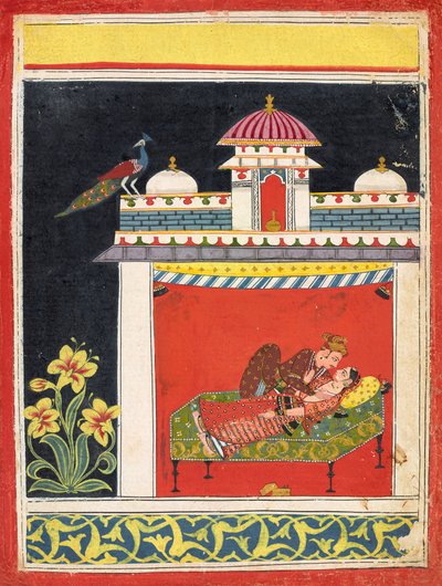 To elskende i en pavillon, fra en "Amarushataka" (Hundrede digte af Amaru), eller en uidentificeret erotisk serie, ca. 1680 (ugennemsigtig akvarel og guld på papir) af Indian School