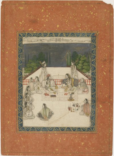 To kvinder siddende på en terrasse, omgivet af ledsagere og musikere, ca. 1650 (ugennemsigtigt wc & guld på papir) af Indian School