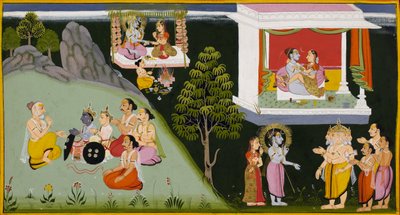 Uma og Sivas bryllup, mens guderne, anført af Brahma, søger Siva for at få en søn til at beskytte dem af Indian School