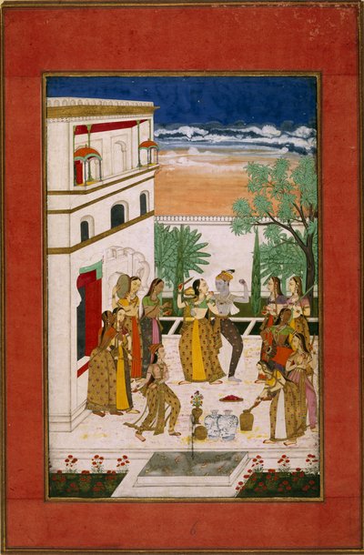 Vasanta Ragini, Radha & Krishna danser, ca. 1760 (akvarel på papir) af Indian School