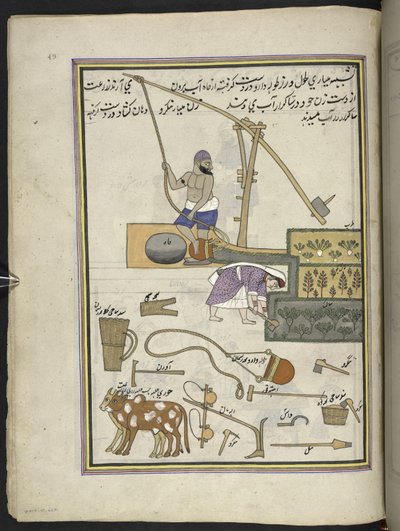 Grøntsagskultivatorer med brønd,  86 tegninger indbundet i et bind, der viser håndværk og erhverv i Kashmir, håndværkere vises i arbejde med deres redskaber og udstyr,  Af en Kashmir-kunstner, sandsynligvis i Srinagar, ca. 1850-60 (gouache på papir) af Indian School