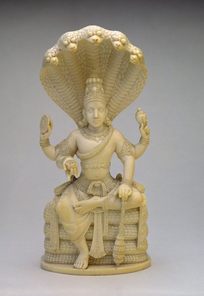 Vishnu, siddende på Serpent Sesha, holder en skal, mace, disc og lotus af Indian School