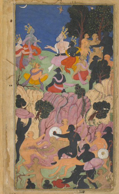 Vol.2 fol.194 Rama konfererer med Vanara-høvdingene på Suvela-bjerget (ugennemsigtig akvarel, blæk og guld på papir) af Indian School