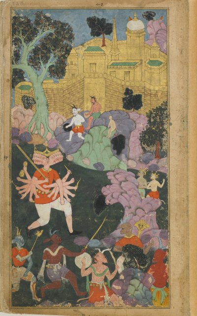 Vol.2 fol.238 Ravana og hans styrker tager stilling foran byen (ugennemsigtig akvarel, blæk og guld på papir) af Indian School