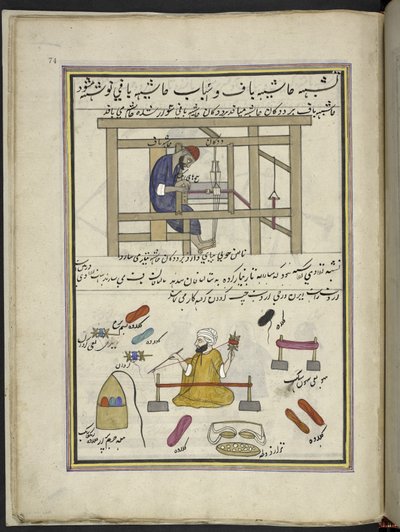 Væver laver en kant; mand, der ruller farvet uld,  86 tegninger indbundet i et bind, der viser håndværk og erhverv i Kashmir, håndværkere vises i arbejde med deres redskaber og udstyr,  Af en Kashmir-kunstner, sandsynligvis i Srinagar, ca. 1850-60 (goua af Indian School