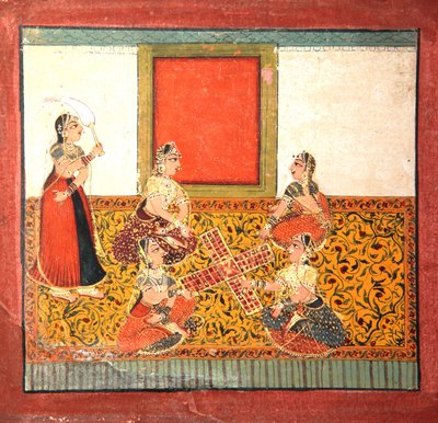 Kvinder, der spiller Parcheesi, siddende på et gulmønstret gulvspredning, ca. 1725 (ugennemsigtigt wc & guld på papir) af Indian School