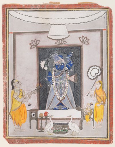 Tilbedelse af Shrinathaji (ugennemsigtigt wc, guld og sølv på papir) af Indian School