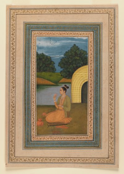 Yogini i et landskab, ca. 1760 (wc på papir) (recto of 375848) af Indian School