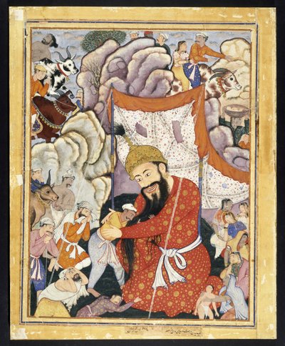 Zumurrud Shah tager tilflugt i bjergene, ca. 1570 (ugennemsigtig akvarel og guld på bomuldsklud) af Indian School