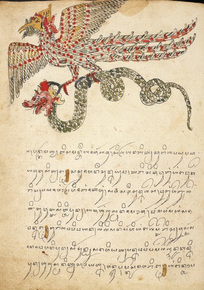 Et flyvende væsen, der bærer en slange, illustration fra 