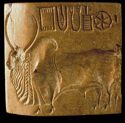 Zebu Bull Seal med Indus Script Fundet i Mohenjo Daro, Indus Valley, 3. årtusinde f.Kr. af Indus Valley Civilisation.