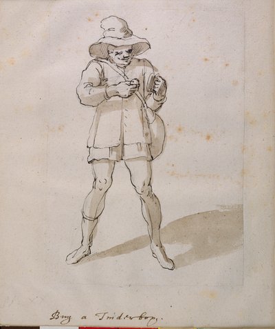 En sælger af tinder-æsker (pen & blæk på papir) af Inigo Jones