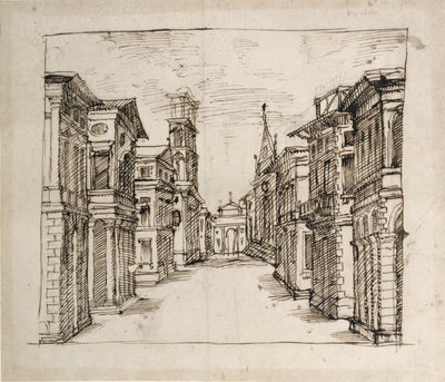 En gade i perspektiv, ca. 1617 (pen & blæk på papir) af Inigo Jones